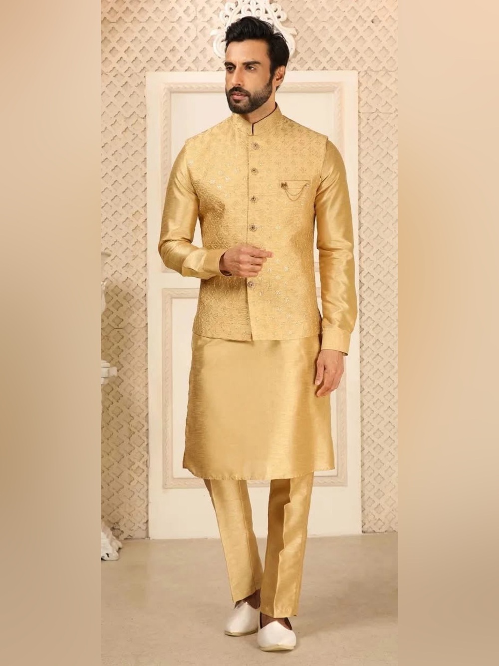 Gold Men's Nehru Jacket Kurta Set - Elegant Formal Ethnic Wear Size XL (44”)